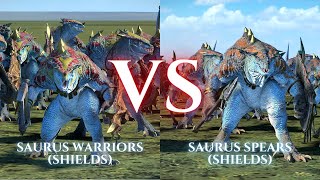 WARHAMMER III Total War  Saurus Warriors Shields VS Saurus Spears Shields [upl. by Ainevul]