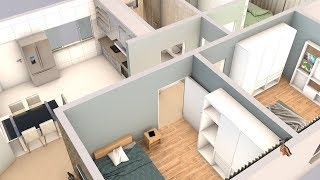 Planta 3D com três quartos sala cozinha e dois banheiros [upl. by Helban]