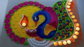 1777 Diwali Peacock rangoli designs  navratri rangoli design  satisfying video [upl. by Lafleur]