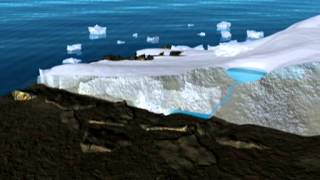 Animation of meltwater affecting glacier flow and calving [upl. by Nayrbo]