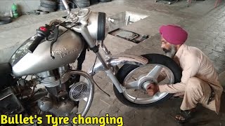 Bullets Tyre Changing process MRF front tyre of bullet moter bike  mrf tyre [upl. by Raama854]