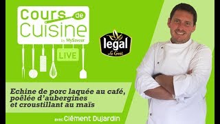 Cours de cuisine  Echine de porc laquée au café poêlée daubergines et croustillant au maïs [upl. by Anitsirk]