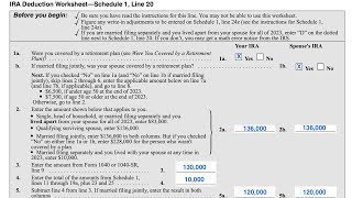 IRA Deduction Worksheet walkthrough Schedule 1 Line 20 [upl. by Gyasi]