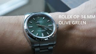 Rolex Oyster Perpetual OP 34mm Olive Green 114200 Close Up 4K [upl. by Essie]