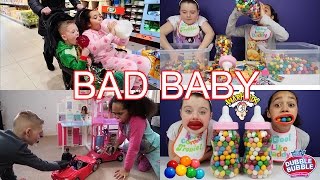 Toys AndMe  Bad Baby Bottle Bubble Gum Gumballs  Real Food Fight Messy Babies [upl. by Matthaus]