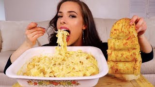 FETTUCCINE ALFREDO AND GARLIC BREAD MUKBANG [upl. by Laoj262]