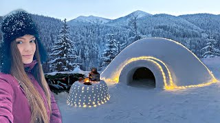 Solo overnight in Snow shelter  IGLOO Winter bushcraft camping  Survival camp [upl. by Coy]