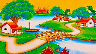 How to draw easy scenery drawing with oil pastel landscape village scenery drawing step by step [upl. by Imij94]