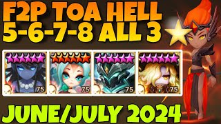 F2P TOA HELL 5 6 7 8 ALL 3⭐ VEROMOS  XIAO LING  CRAIG  MOMO JUNEJULY 2024 SUMMONERS WAR [upl. by Eneleahcim765]