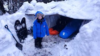 Survival Shelter Winter Camping in Blizzard  Deep Snow Camping in Alaska [upl. by Moureaux]