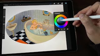 Timelapse tekening op de iPad in Procreate met Apple Pencil 🐢 en Tim in de badkamer van de woonboot [upl. by Enitsirk]