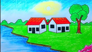 Gramer Prakitik Drisso Drawing  Village Nature Drawing  Riverside village drawing দৃশ্য আঁকা art [upl. by Dorelle]