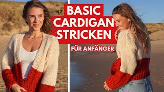 Strickjacke stricken für Anfänger  Anleitung für einfachen Basic Cardigan [upl. by Allecram575]