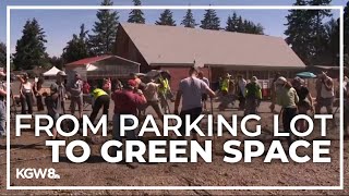 Northeast Portland church parking lot gets depaved turned into green space [upl. by Ahseik]