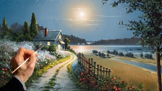 Oil Painting Landscape  Full Moon Summer  Easy Art  Drawing Lessons  Satisfying Relaxing [upl. by Tomaso]