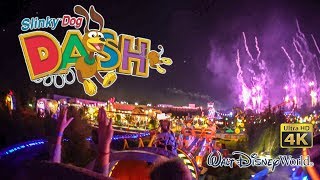 2019 Slinky Dog Dash Roller Coaster at Night with Fireworks On Ride Ultra HD 4K POV Disney World [upl. by Valonia50]