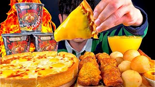 ASMR 치즈가득 시카고피자와 고추바사삭 고스트페퍼라면 치즈볼 에그타르트 먹방 Chicago Pizza With Ghost Pepper Cheese Ball MuKBang [upl. by Anyahc]