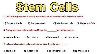 Stem Cells MCQ  Sources  Potency  Pluripotent and Totipotent Cells [upl. by Akirat]