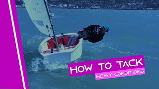 OPTIMIST SAILING  How To Tack  Heavy Conditions [upl. by Glasgo]