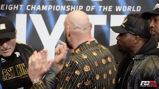 CHAOS TYSON FURY amp DILLIAN WHYTE FORCED TO SEPARATE JOHN FURY amp DEAN WHYTE AT FIRST FACE OFF [upl. by Yrellih]