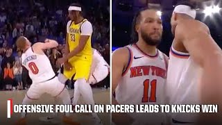 WILD FINISH TO PACERSKNICKS GAME 1 😱 Offensive foul call on Pacers leads to Knicks W  NBA on ESPN [upl. by Eiluj]