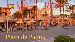 Playa de Palma🌴🏖️MALLORCA spain🇪🇸Evening walk Balneario 6  Bierstrasse mallorca travel video [upl. by Dorran]