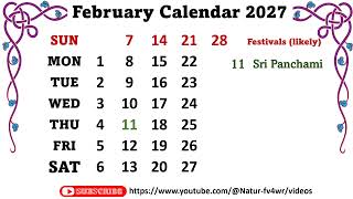 February Calendar 2027  february2027calendar [upl. by Eisor450]