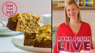 Baking Oatmeal Cake with Coconut Pecan Topping  Live  Bakealong with Anna Olson [upl. by Anilecram]