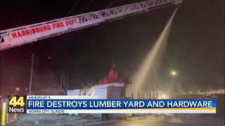 Fire destroys lumber yard and hardware store [upl. by Mosera]