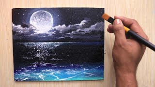 Acrylic painting of beautiful Moonlight night sky landscape step by step [upl. by Rafa473]