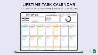 Lifetime Task Calendar  Monthly Calendar  To Do List  Google Sheets Template [upl. by Isobel]