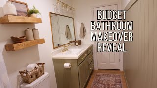 BUDGET BATHROOM MAKEOVER REVEAL  EASIEST VERTICAL SHIPLAP WALL EVER  FRAMING THE MIRROR [upl. by Ahsille]