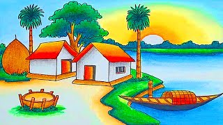 how to draw easy scenery drawing with oil pastel landscape village scenery drawing step by step [upl. by Iphigenia]