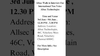 Allsec Walk in Interview For International Non Voice Allsec Technologies [upl. by Janeta]