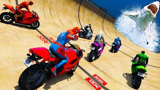 Spiderman and Friends Superheroes  Cars and Motorcycles Ragdoll with Hungry Sharks Over Sea [upl. by Kuhn898]