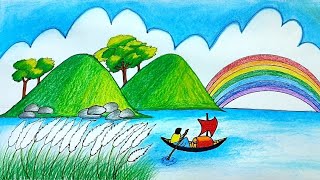 Mountain scenery with river village drawing  Autumn season drawing step by step  Rainbow drawing [upl. by Moor]