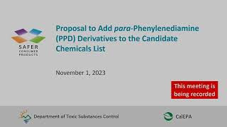 Proposal to Add paraPhenylenediamine PPD Derivatives to Candidate Chemicals List  Nov 1 2023 [upl. by Dolhenty345]