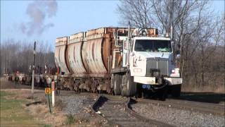 CN HiRail Boom Truck Pulling Wisconsin Central Rail Flats and Gondolas [upl. by Adnalor]