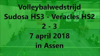 Volleybalwedstrijd SudosaDesto Assen H3 tegen Chef Pri Piri Veracles H2 op 7 april 2018 in Assen [upl. by Noryak]