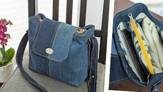 DIY Divided TwoTone Denim Crossbody Bag Out of Old Jeans  Upcycled Craft  Bag Tutorial [upl. by Sapphira]