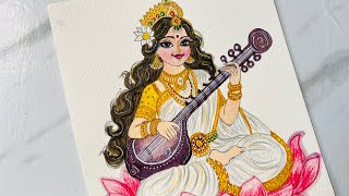 Maa saraswati painting  drawing  mata saraswati art  easy painting  navratri drawing [upl. by Eiramanna]