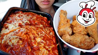 ASMR EATING JOLLIBEE SPICY Fried Chicken amp SPAGHETTI CHEESE Satisfying Eating Sounds CAR MUKBANG [upl. by Doralynn434]