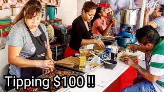 INSANE Street Food In Mexico – Incredible Tacos And Tipping 100 Dollars To Vendor At The End [upl. by Adnoryt]