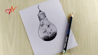 Creative light bulb drawing  Butterflies are flying in the bulb  Easy pencil sketch drawing [upl. by Initsed784]