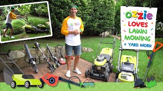 Lawn Mowers For Children  Yard Work Fun  Learn About Mowers Blowers Edgers With Ozzie [upl. by Stoat]